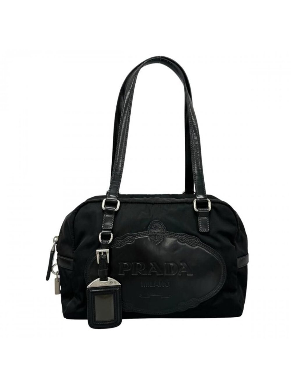Prada Tote Bag Embossed Logo Mini Boston Shoulder Nylon Leather Black Silver